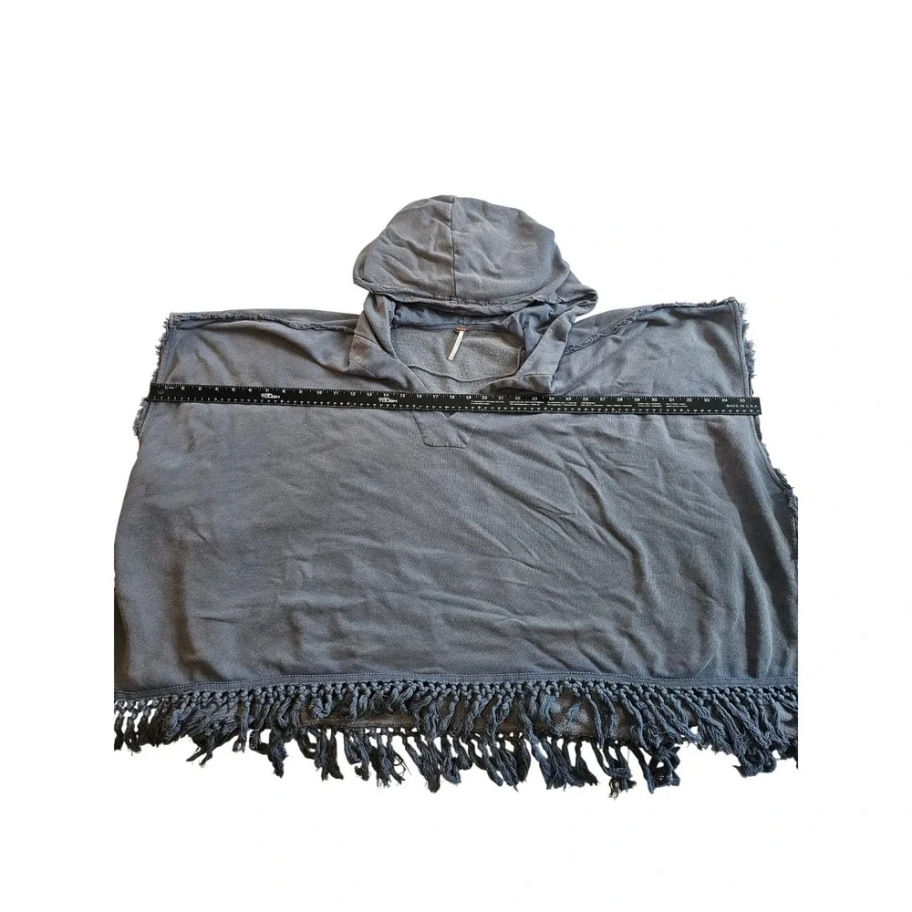Free‎ People Hooded Poncho Women XS S Blue Gray Fringe Boho